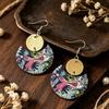 Retro Dark Blue Half-Moon Goldfish Print Double Layer Wood Earrings