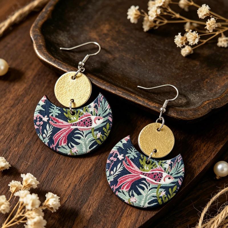 Retro Dark Blue Half-Moon Goldfish Print Double Layer Wood Earrings