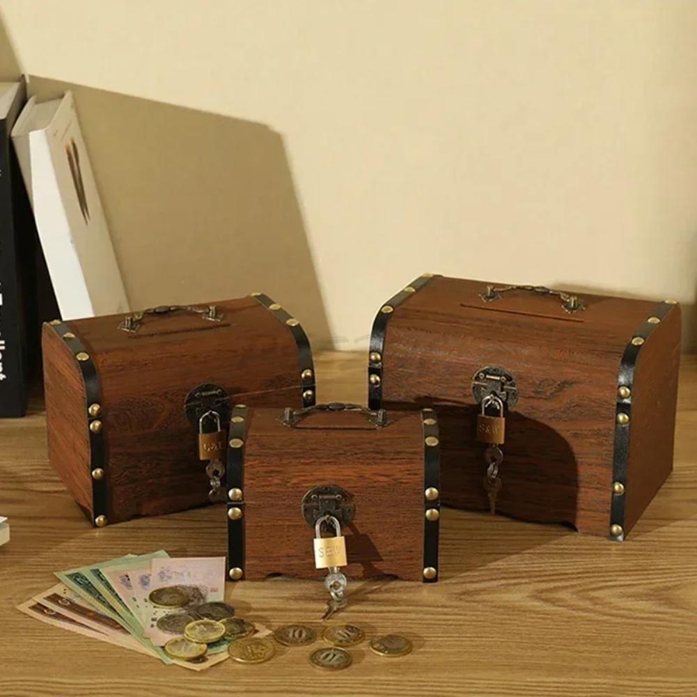 Retro Wooden Treasure Chest Piggy Bank with Lock Secure Coin Storage Box for Home Decor and Personal Valuables