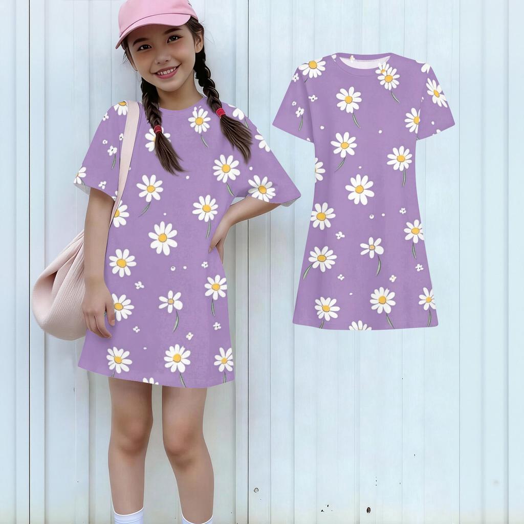 Girls Print Casual Dress Kids Loose Round Neck Short Sleeve Thin Sundress