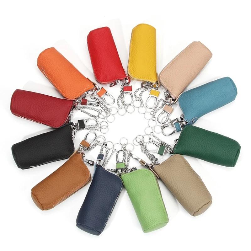 Women Genuine Leather Car Key Chain Wallet Waist Hanging Keys Pouch Zipper Closure Home Key Money Organizer Case