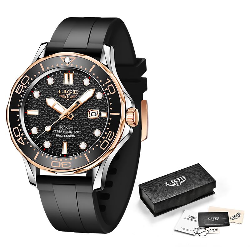 LIGE Brand Mens Watches Business Quartz Watch Men Silicone Band Sports Waterproof Watches Date Wristwatches Relogios Masculino