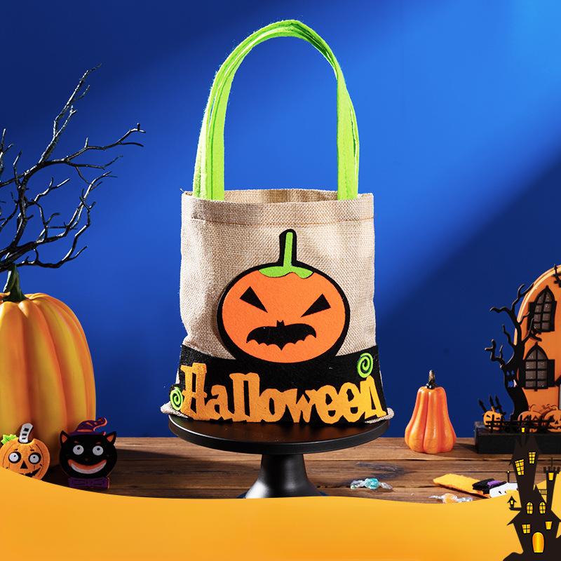 Halloween Trick Or Treat Jute Candy Bag, Reusable Kids Handheld Gift Tote Bag with Pumpkin Ghost Pattern for Halloween Party Decor