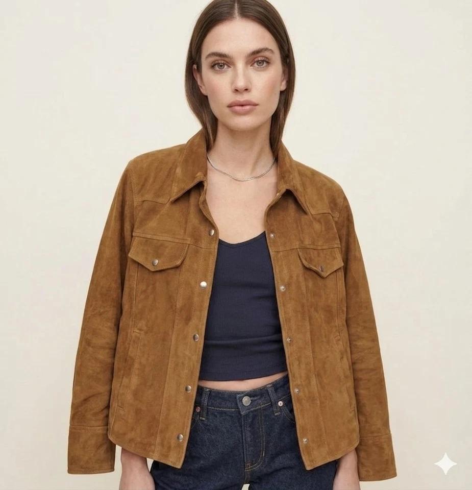 Suede Lambskin Leather Brown Soft Formal Genuine Women's Shirt Stylish Handmade