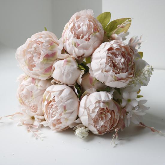 13 Heads Artificial Flower Silk Fabric Realistic Peony Bouquet with Soft Touch Home Wedding Display Office Decoration