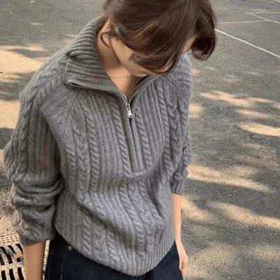 Women's Stylish Cable Knit Cashmere Half-Zip Sweater - Warm, Loose Fit for Autumn & Winter