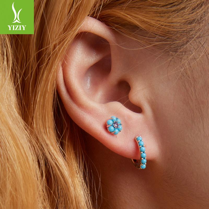 Simple Turquoise Flower Stud Earrings, Ear Buckles, Exotic Ethnic Style Stacked With 925 Tremella Jewelry In Stock.