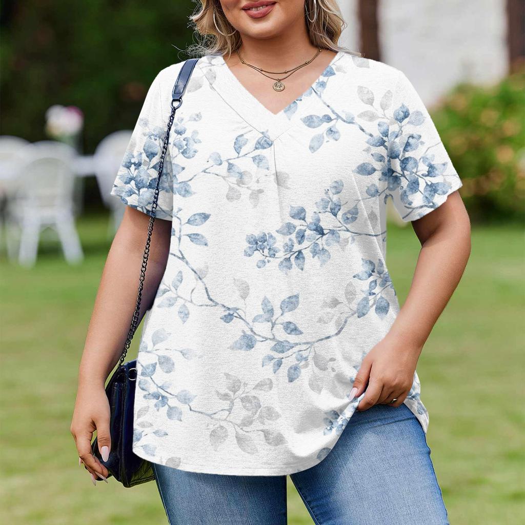 Damska Modna Codzienna Luźna Bluzka Plus Size z Krótkim Rękawem Elegancka z Dekoltem V Do Pracy