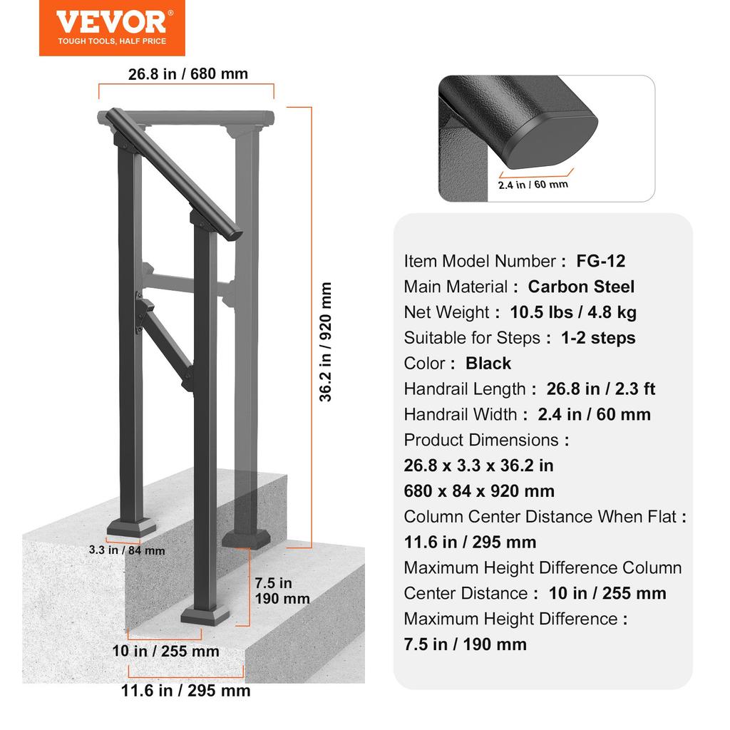 VEVOR Handrails for Outdoor Steps, 1-2 Step Stair Hand Rail Kit, Transitional Carbon Steel Railings with Installation Kit, Stair Rails for Seniors