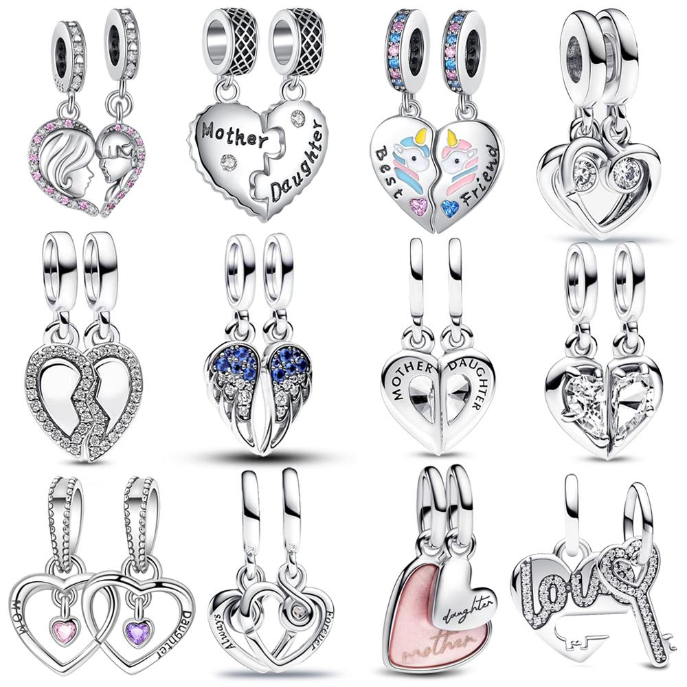 Sweet Copper Double Love Heart Split Charm Fit Original Bracelet Linked Mother & Daughter Charms Diy Jewelry