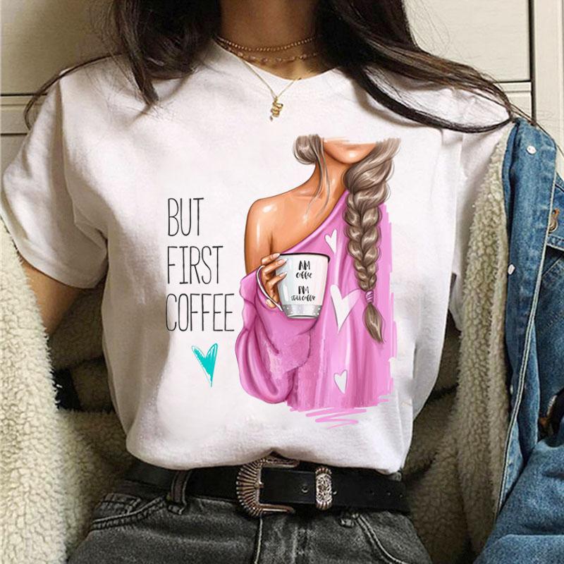 Coffee Girl Casual Women's T-shirt New Black Girl's Top Round Neck Y2K Harajuku 90S Fashion Short Sleeve Clothes,Drop Ship