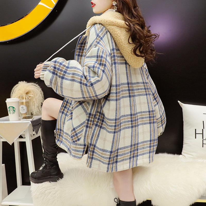 Women's Hooded Long Sleeve Cardigan Loose Lazy Style Fleece Lined Jacket 2026 Winter Plaid Patchwork Warm Zip Up Coat