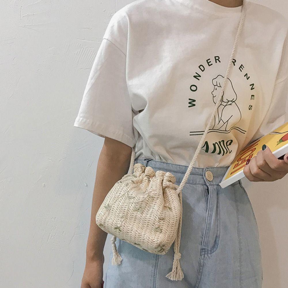 Lace Drawstring Bucket Bag Elegant Woven Beach Bag Leisure Straw Bag  Vacation