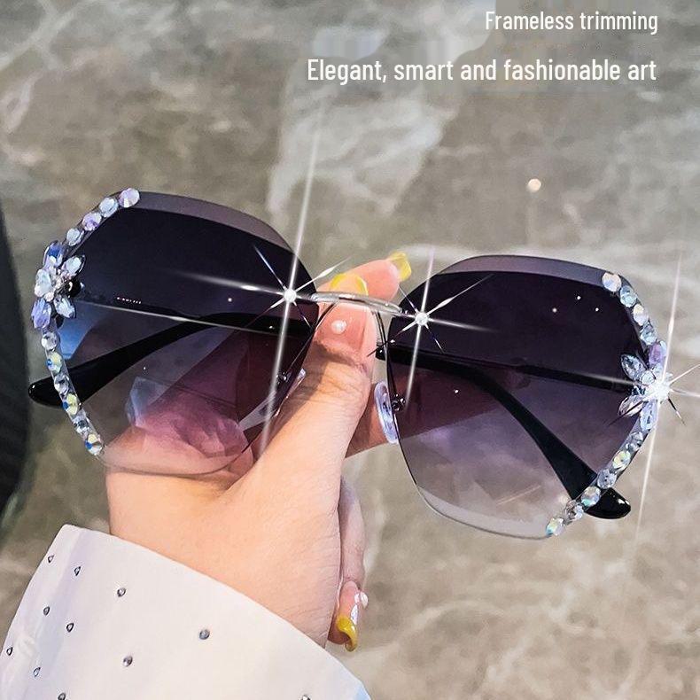 Trendy Frameless Temperament Sunglasses for Women – Slim, Big-Face Friendly, UV Protection