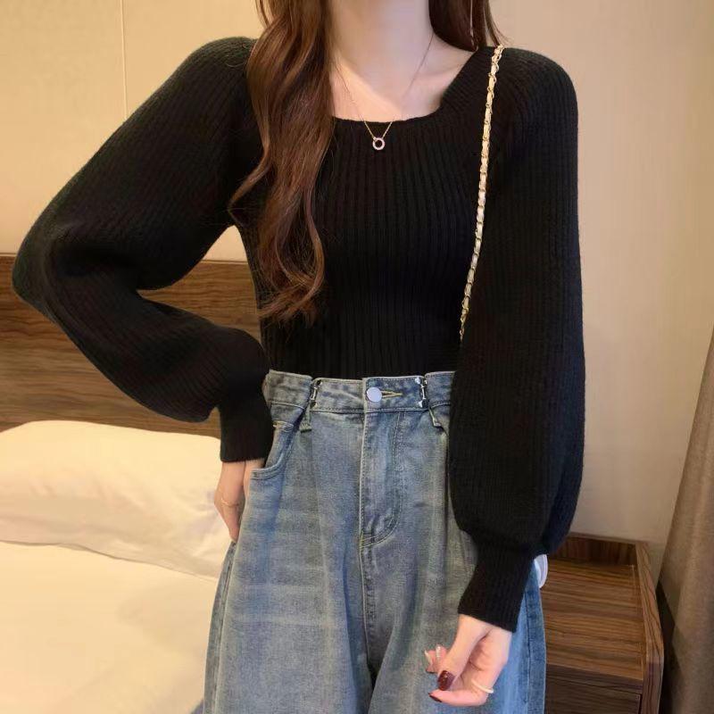 Herbst Winter Französischer Quadratischer Ausschnitt Puffärmel Design Nische Layer Wear Quadratischer Ausschnitt Strick Basic Layer Pullover Damen Top