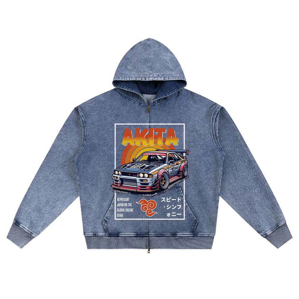 DTG Print Knitted Denim Zip-Up Hoodie Akita Brother Print Zipper Hoodies