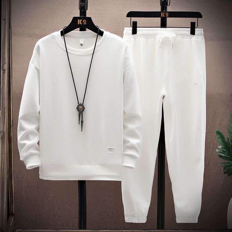Sommer herre vaffelsett casual t-skjorte og buksesett herre sportsdress 2-pris sett ensfarget treningsdress løse dresser