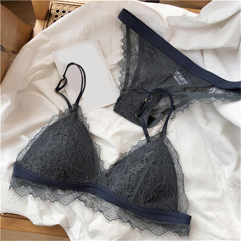 High Quality Women Ultra-thin Bralette Wire Free Breathable Bra Set Sexy Lace Soft Cup Bras Triangle Cup Underwear Sets