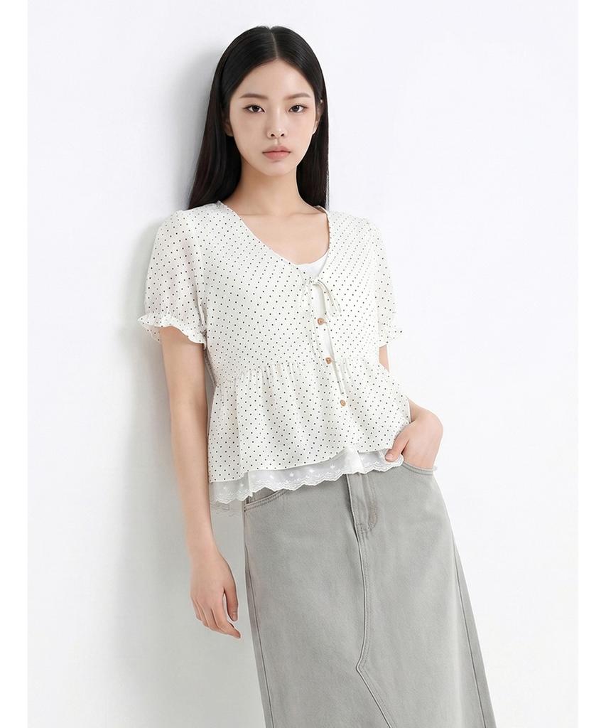 Poebeo21 Lace Dot Frill Short Sleeve Blouse (Ftdbbl012)