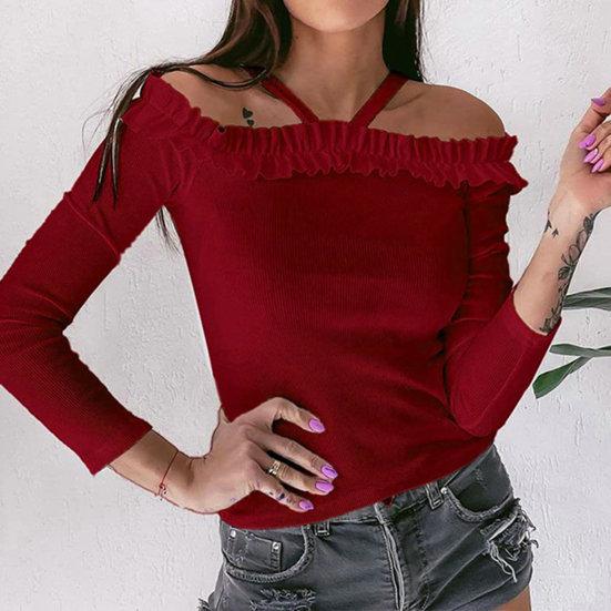 

Сплошной цвет трикотажной блузки с длинным рукавом и рюшами на воротнике, офисная женская элегантная бретелька с лямкой на шее