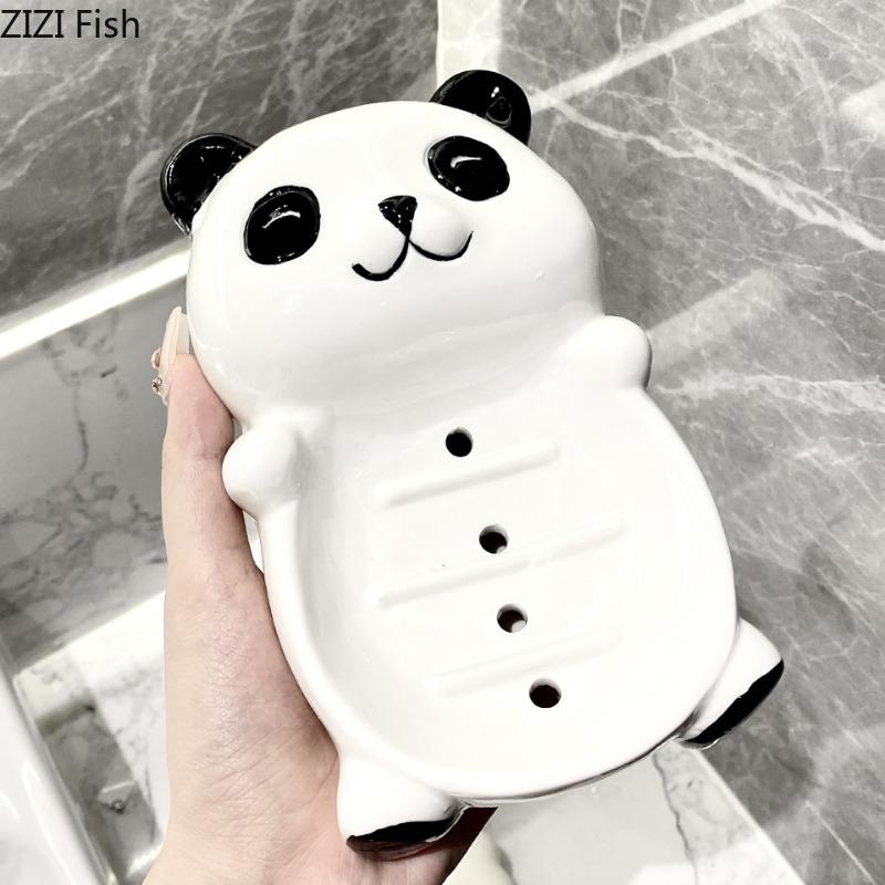 Cute Panda Soap Dish Hotel Wash Desk Drain Fertilizer Soap Dish Ceramic Storage Decor Bathroom Accessories Home Decoration Art