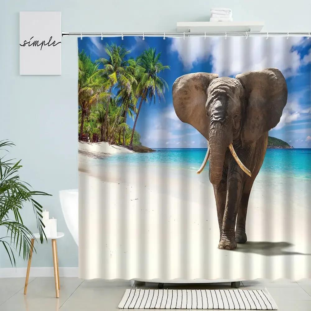 Elephant Shower Curtain Africa Wildlife Forest Natural Scenery Home Bathroom Wall Decor With Hook Waterproof Polyester Screen