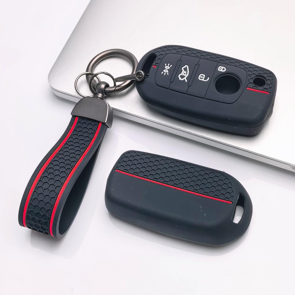 Silicone Key Fob Cover with Keychain for 4-button Flip Remote, Anti-Scratch & Anti-Drop Protective Case for Jeep Renegade Compass for Fiat 500X Toro
