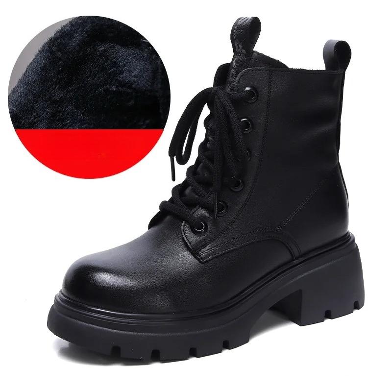 Johnature Genuine Leather Women's Shoes Versatile Lightweight Anti Slip Thick Heel Short Boots