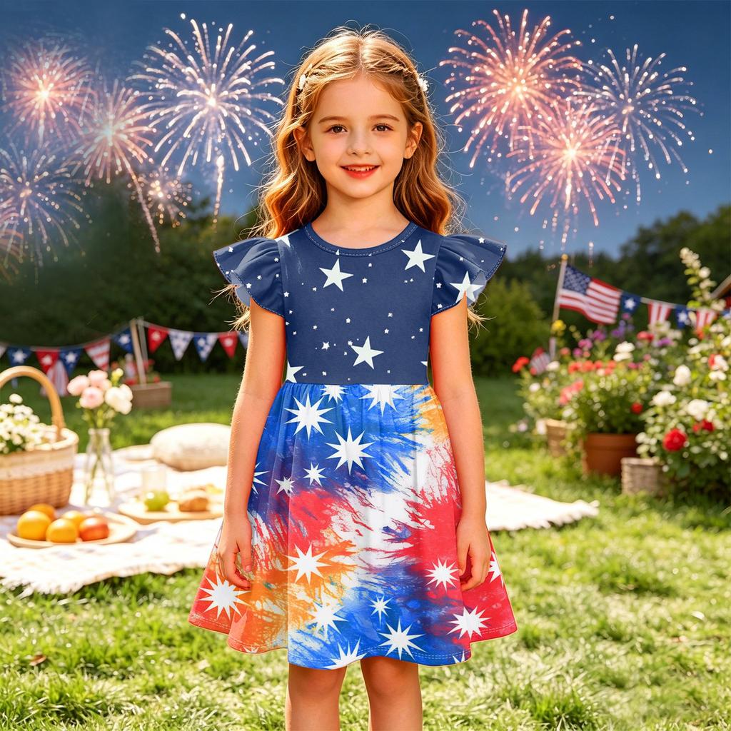 Girls' Summer Princess Dress - A-Line T-Shirt Dress Independence Day