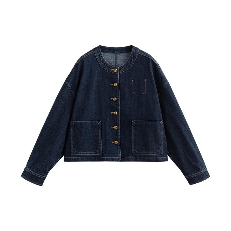 Chuyu Women's Retro Workwear Round Neck Denim Jacket