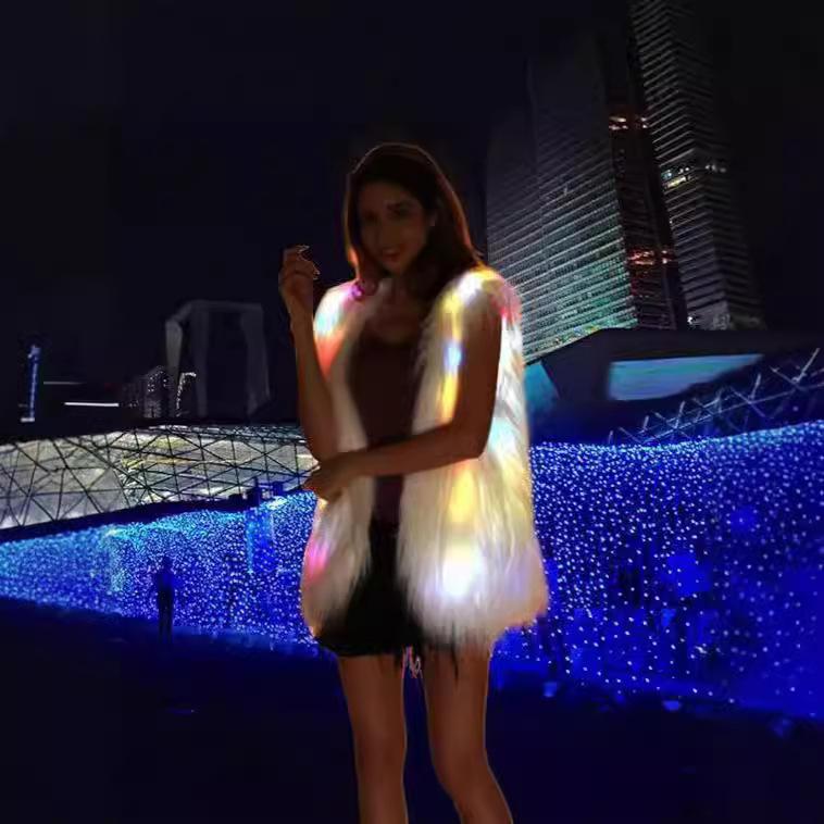 Europe, America, autumn and winter new fur coat women's vest medium and long coat LED luminous vest Christmas