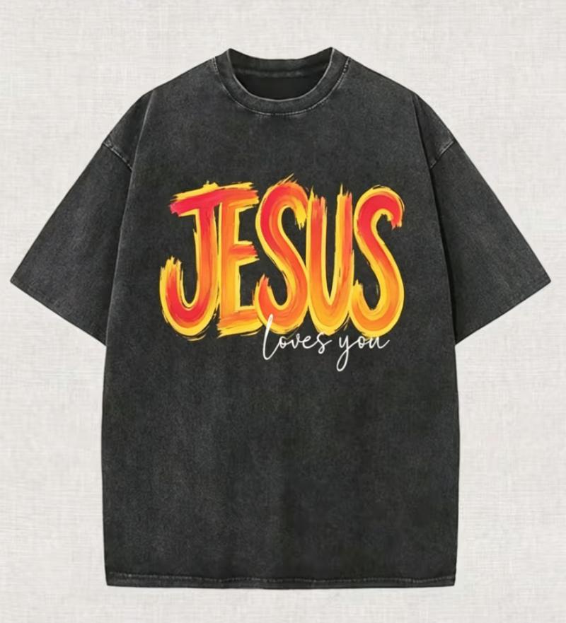 Gradient Brush Jesus Loves You Letter Graphic TShirt Vintage Washed Crew Neck Loose Casual Short Sleeve Daily Street Style Top