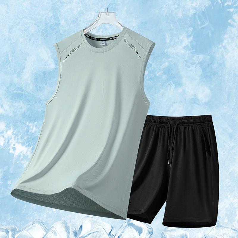 Summer Ice Silk Suit Men's Sleeveless T-Shirt Vest Trendy Brand Large Size Casual Sports Quick-Drying Five-Piece Pants Two-piece Set