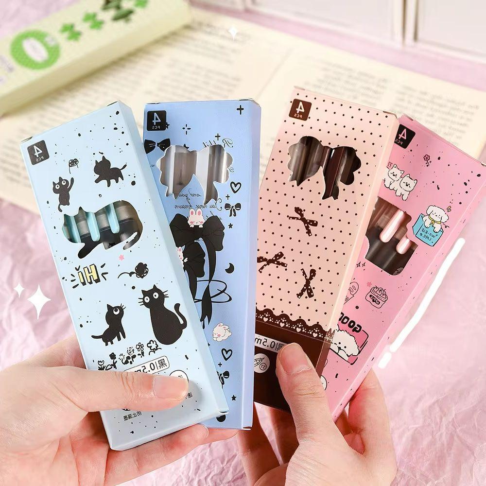 4Pcs/Lot Cute Cartoon Straight Liquid Type Ball Pens 0.5mm Black Drawing Gel Pen Signature Pen Student School Office Supplies