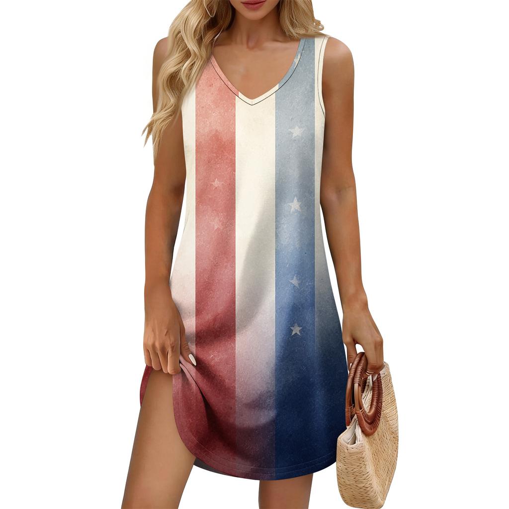 Women's Summer Casual Sun Skirt With Pocket V-Neck Independence Day Printed Loose Vest Dress