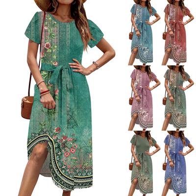 Damen Lässig Niedlich Musterdruck Rundhals Midi Kleid Basic Klassisch Outdoor Alltag Kurzarm Lockeres Kleid