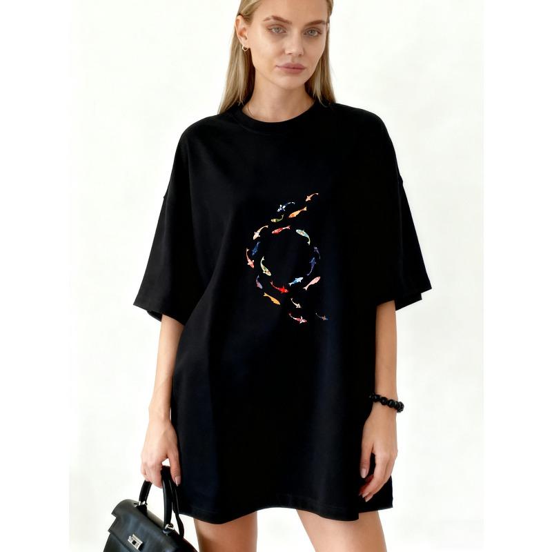 

Oversized T Shirt Dress Black Colorful Fish Print Casual Streetwear Style For Women XXXXL чорний