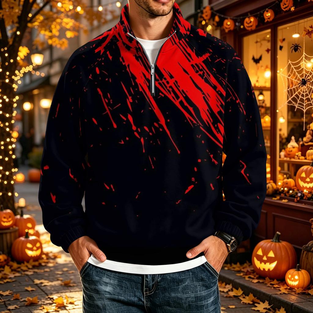 Men's Loose Fit Raglan Sleeve Sweatshirt with Stand Collar and Halloween Print for Parties and Daily Wear