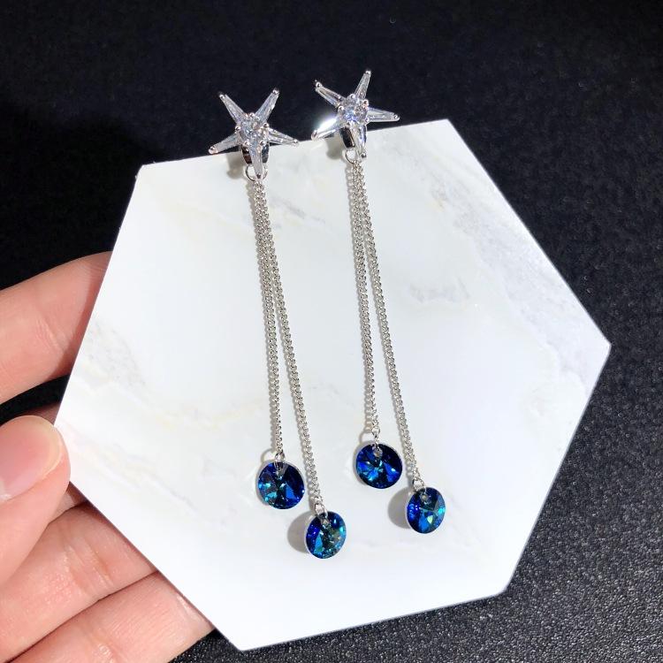 Austrian super flash crystal earrings, stud earrings, niche high-end temperament earrings, long simple earrings, 925 silver needles.