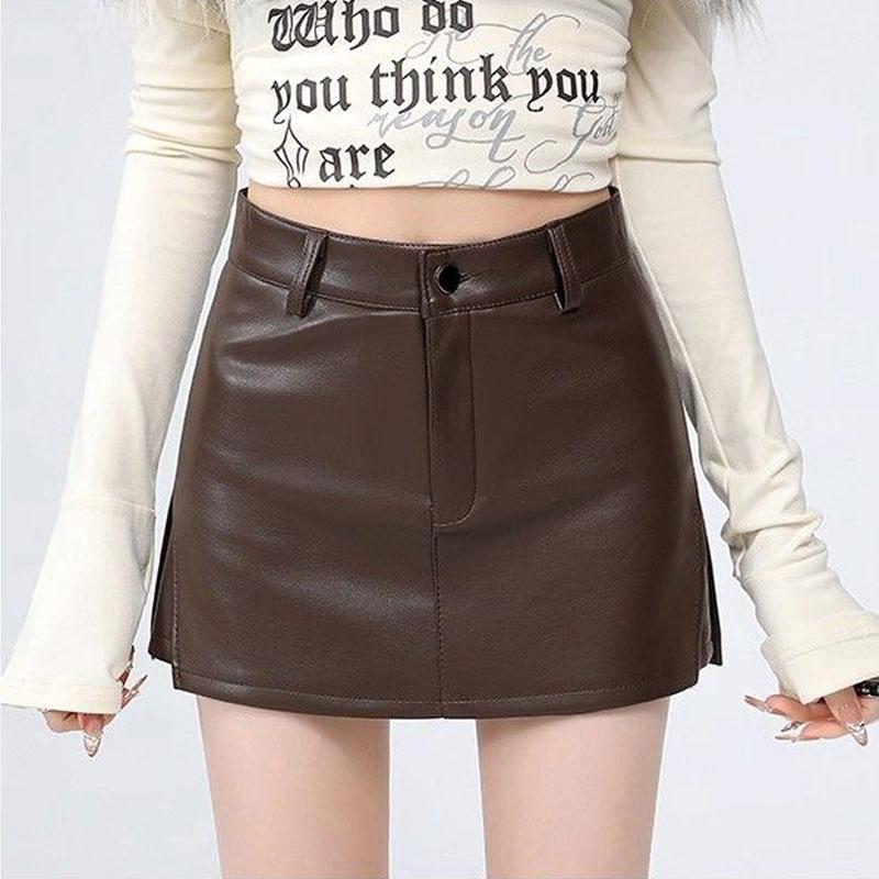 Women's Pu Leather Skirt Y2k High Waist Slit A-line Shorts Mini Skirt Slim Fit Female Clothing Autumn Winter