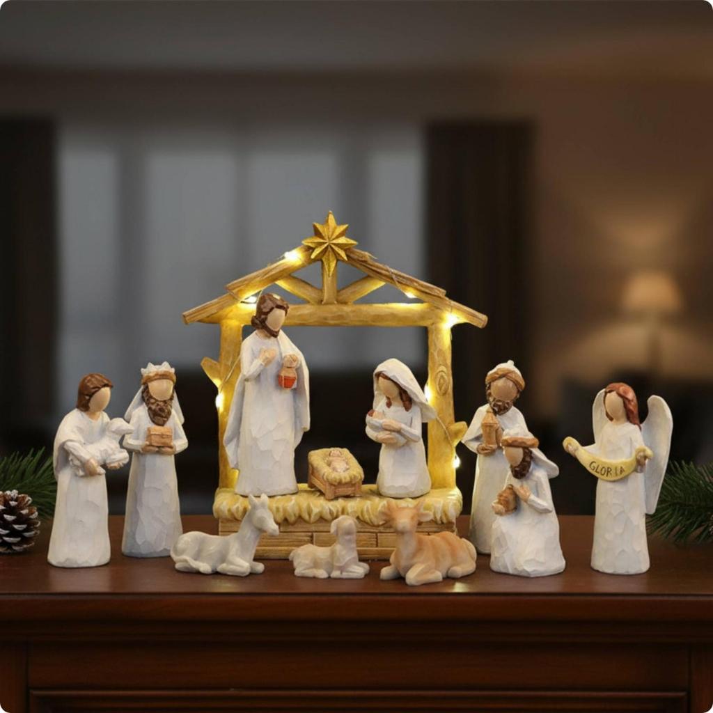 12 Pieces Nativity Ornament with LED Lights Warm White Lighted Tabletop