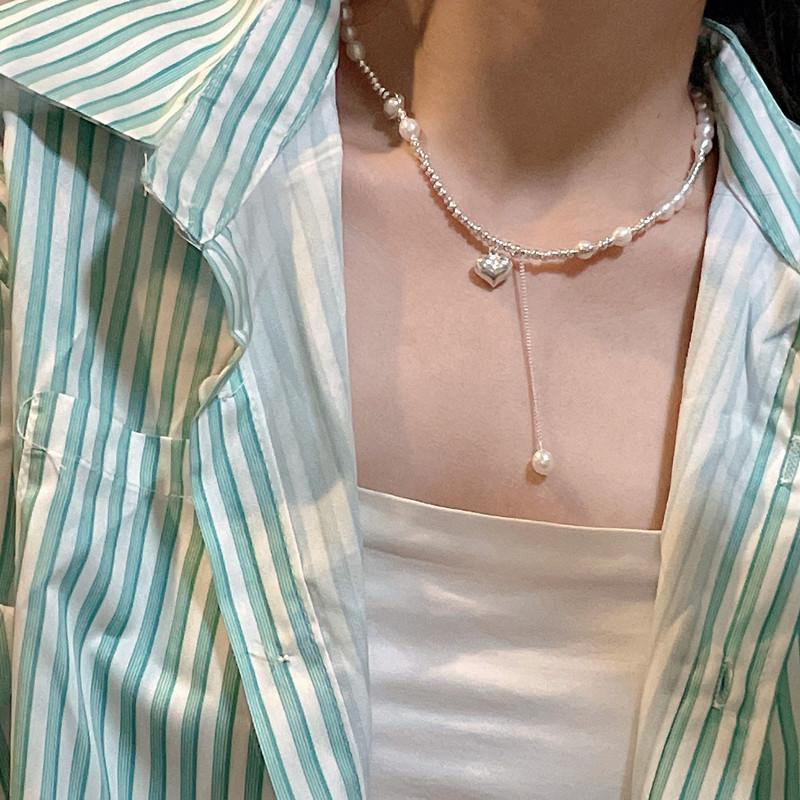 S925 Sterling Silver Love Pearl Tassel Necklace - Fresh, Sweet, and Elegant Clavicle Chain.