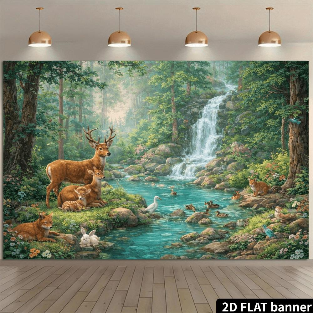 1Pcs Forest Stream Animals Deer Fox Waterfall Decoration Background Nature Backdrop Decorations For Photo Studio Booth Party
