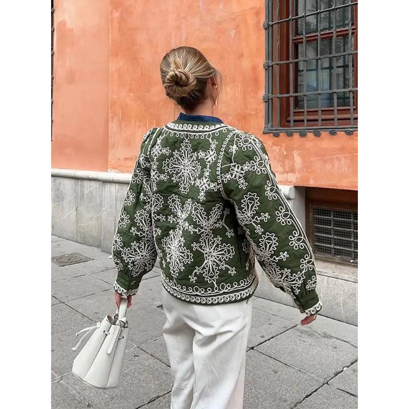 Vintage Print Round Neck Cropped Cotton Coats Women Elegant Full Lantern Sleeves Short Jackets Fall Winter Lady Chic Streetwear