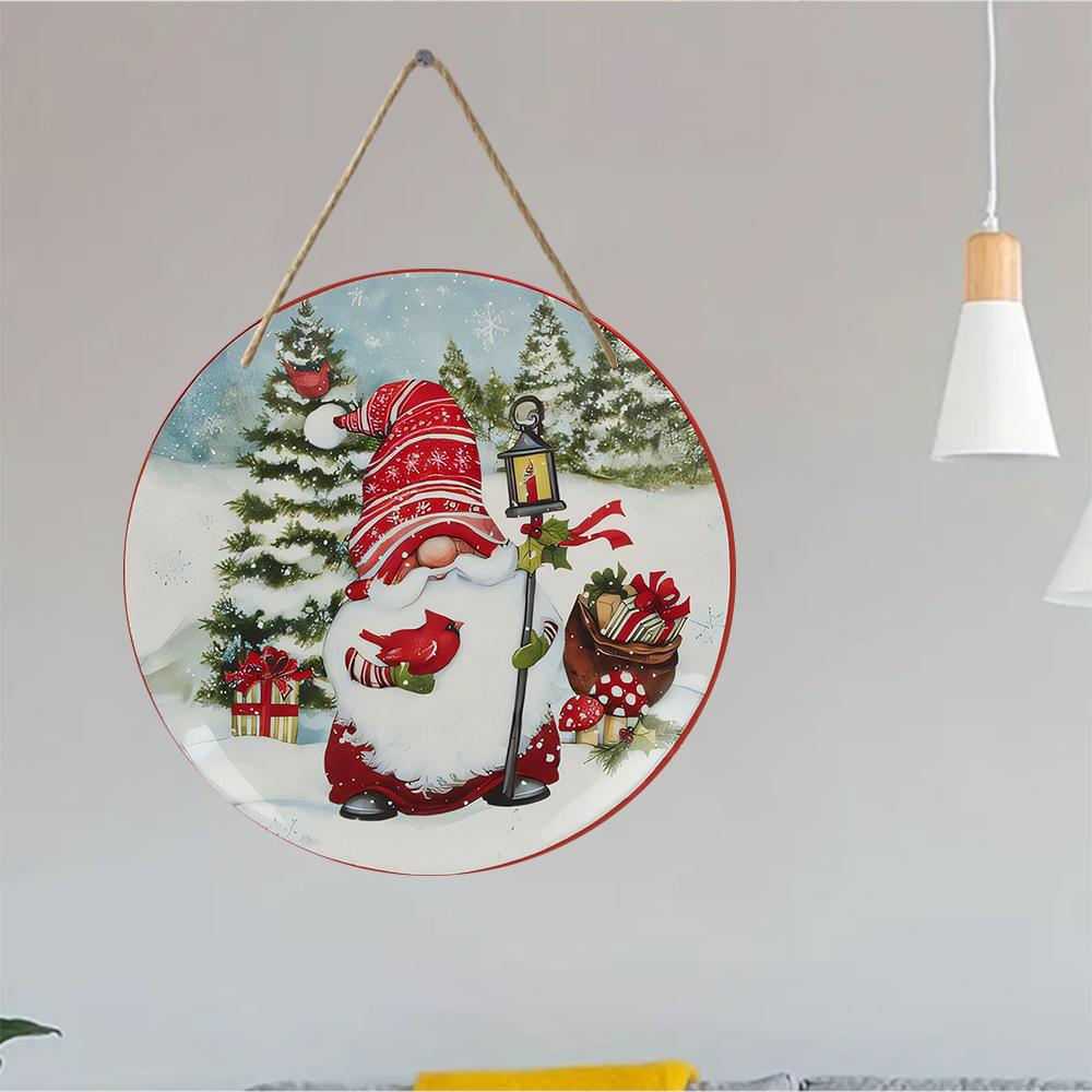 Festlig julnisse med kardinalfåglar Scen Rund Trä Hängande Plakett Vinterhögtid Väggkonst Dekoration Säsongsbetonad Inomhus Hängande Skylt Prydnad