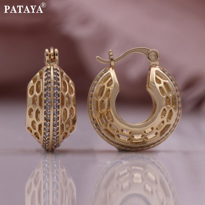 PATAYA Fashion Earring Unique Carved Hollow 585 Rose Gold  Hoop Earrings