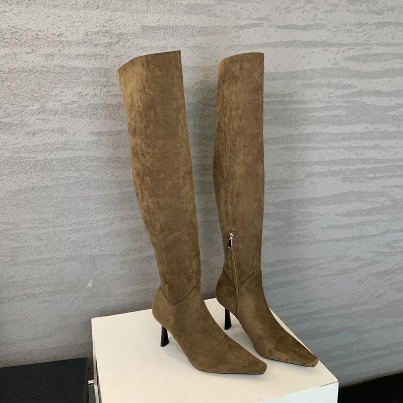 Designer Autumn Winter Vintage Thin Heels Women Knee High Boots Fashion Sexy Pointed Toe Stripper Party Shoes Zapatos De Mujes