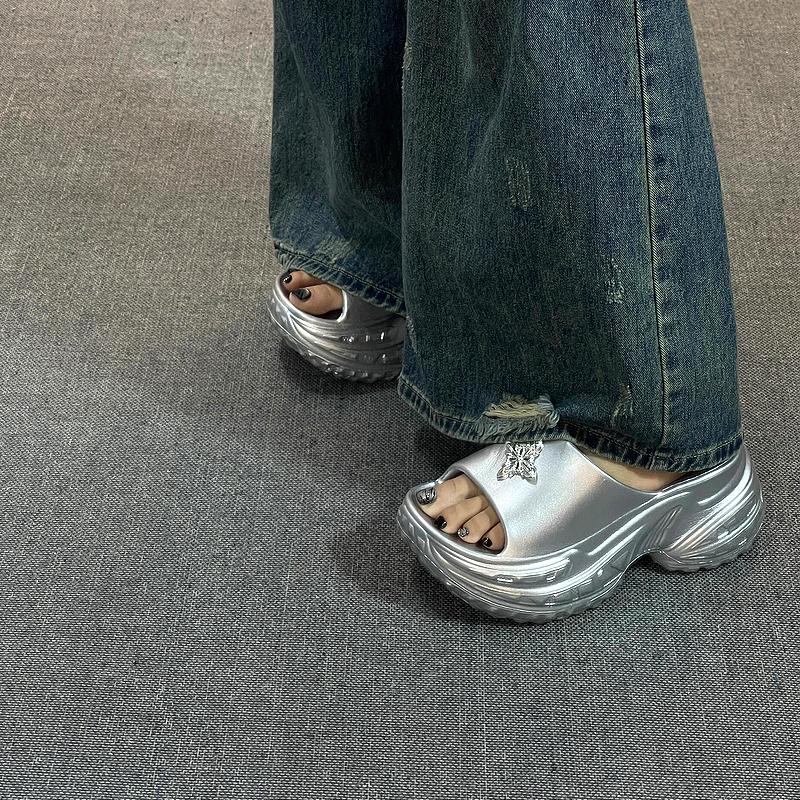 Silver Thi Heel Slippers Women's High Heel Outdoor Wear-Resistant Anti-Slip Odor-Proof Summer Outdoor Slippers