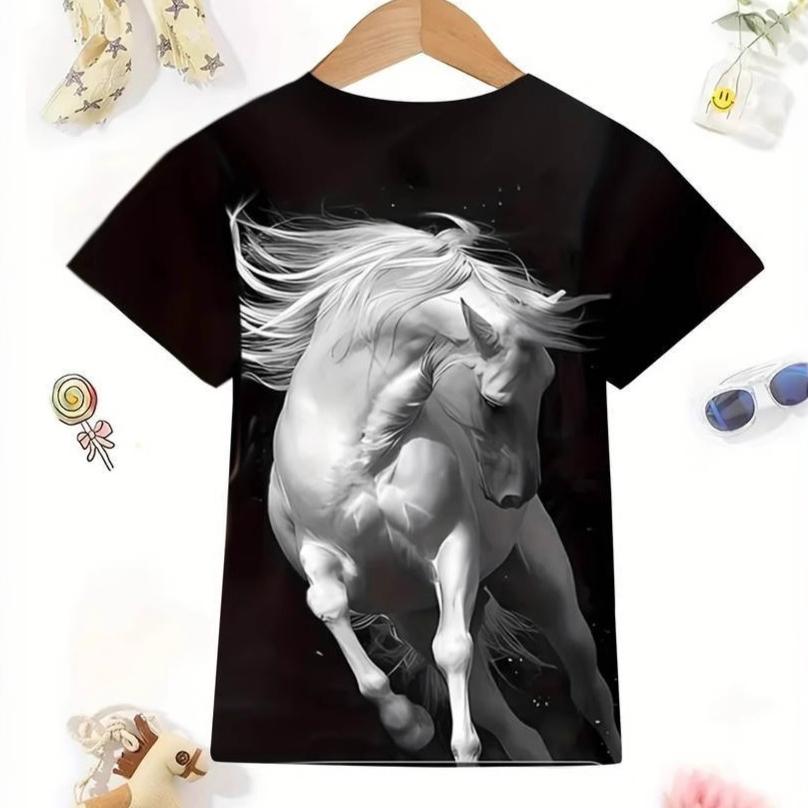 Dětské tričko 3D potisk Dětské 3D digitální tisk Série s koněm Tričko s krátkým rukávem Letní sportovní Tričko s kulatým výstřihem