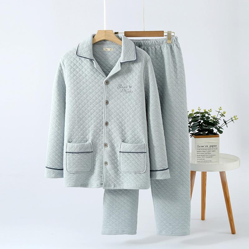 Men's Embroidered Quilted Pajamas - Three-Layer Air Cotton, Long-Sleeved, Warm, Autumn/Winter Wear